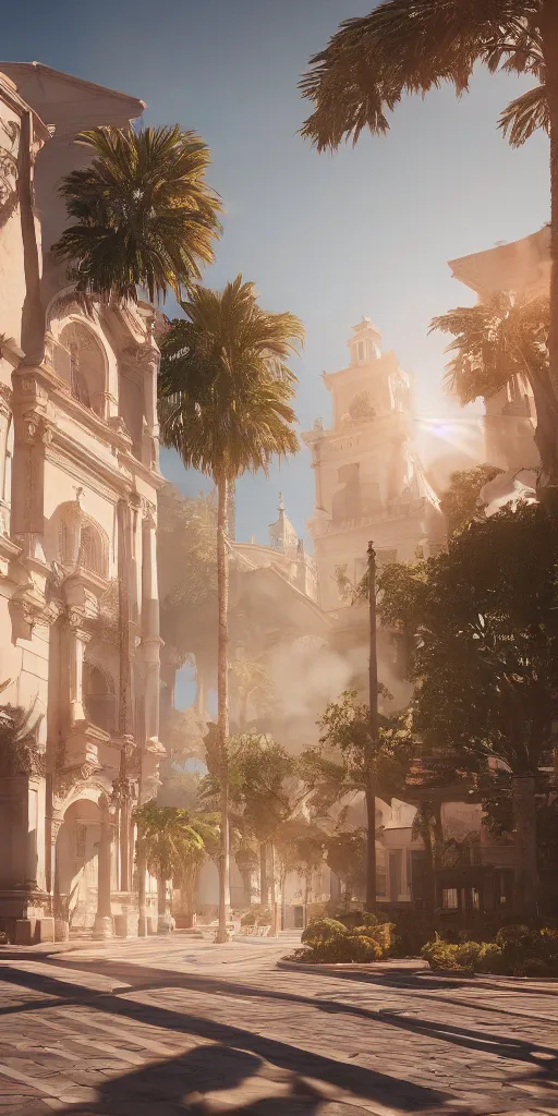 Image similar to the city of santa barbara, spanish architecture, beautiful composition, rays of light, light dust, octane render, unreal engine, photography, 8 k