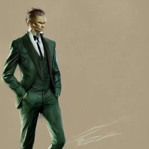 Image similar to portrait of a man with green eyes,long blonde hair,a tuxedo suit,digital art,detailed,realistic,art by greg rutkowski