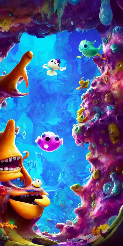 Prompt: rayman and ori in a colorful deep sea cave with strange cute friendly happy creatures with huge eyes, mouth, long tongue and round teeth appearing from sandy coral, in the style of gehry and gaudi, macro lens, shallow depth of field, ultra detailed, digital painting, trending artstation, concept art, illustration, cinematic lighting, photorealism, epic, octane render