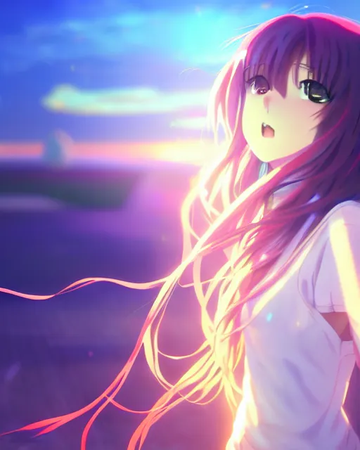 Image similar to anime style, vivid, expressive, full body, 4 k, a cute girl with white skin and long wavy hair humming a song, stunning, realistic light and shadow effects, centered, simple background, studio ghibly makoto shinkai yuji yamaguchi