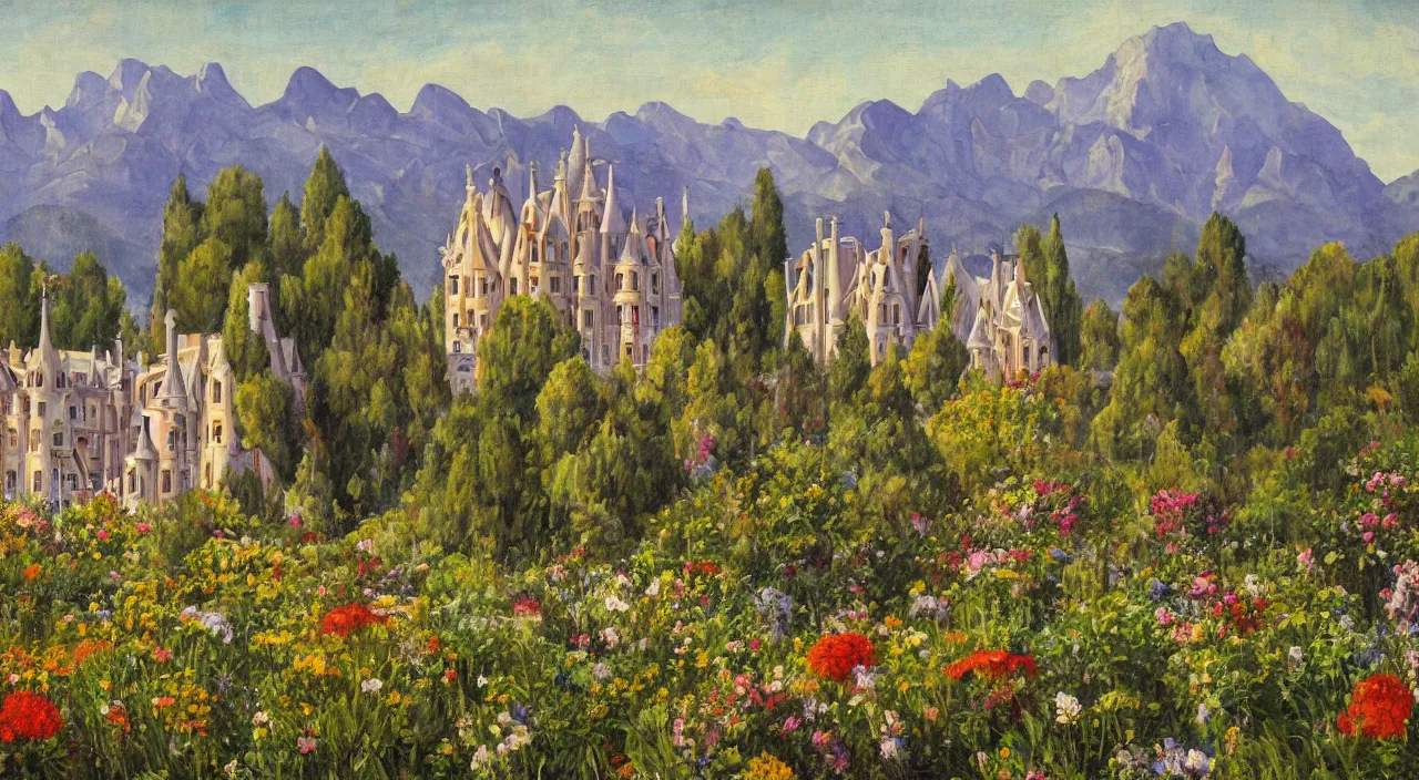 Prompt: a landscape painting of a manor designed by Antoni Gaudí, with flower fields as foreground, with mountains as background