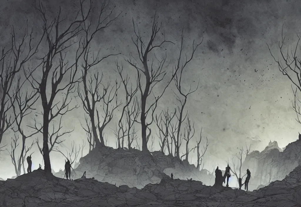 Image similar to handmade illustration of a bleak landscape, line art, ink, some small silhouetted medieval men among the trees, watercolor by Kilian Eng and by Jake Parker, winning-award masterpiece, fantastic, octane render, 8K HD Resolution, High quality image