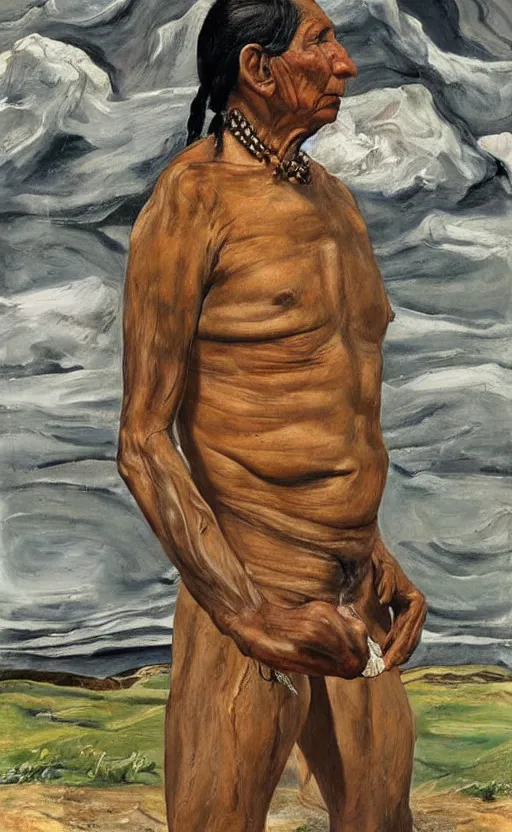 Image similar to full body shot picture of indigenous people leader gazing into the horizon, painted by lucian freud, hd, super detailed, realistic, muted colors