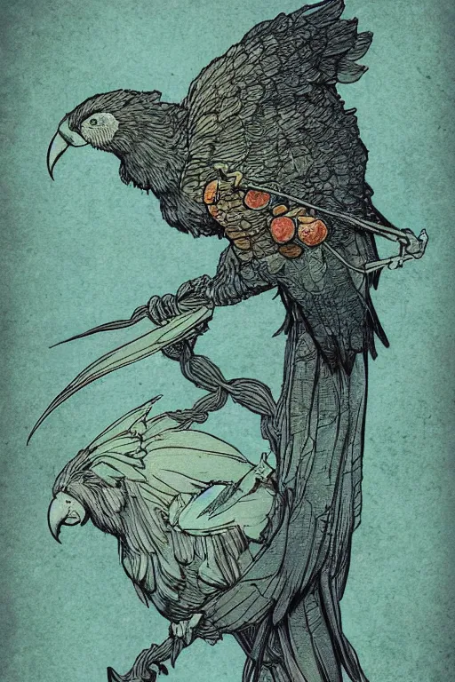 Prompt: step parrot unsealer , in the style of Greg Broadmore and Arthur Rackham and Moebius,trending on artstation, light lighting side view,digital art,surrealism ,macro,blueprint ,vaporwave ,