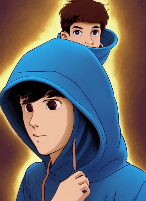 Image similar to teen boy with brown hair and big blue eyes, wearing a hoodie, sad, hiding under hood of hoodie, natural lighting, path traced, highly detailed, high quality, cartoon, digital painting, by don bluth and ross tran and studio ghibli and alphonse mucha