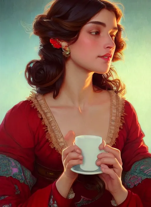 Image similar to perfectly - centered - portrait of a beautiful lady drinking red cup coffee, intricate, highly detailed, digital painting, artstation, concept art, smooth, sharp focus, illustration, unreal engine 5, 8 k, art by artgerm and greg rutkowski and alphonse mucha