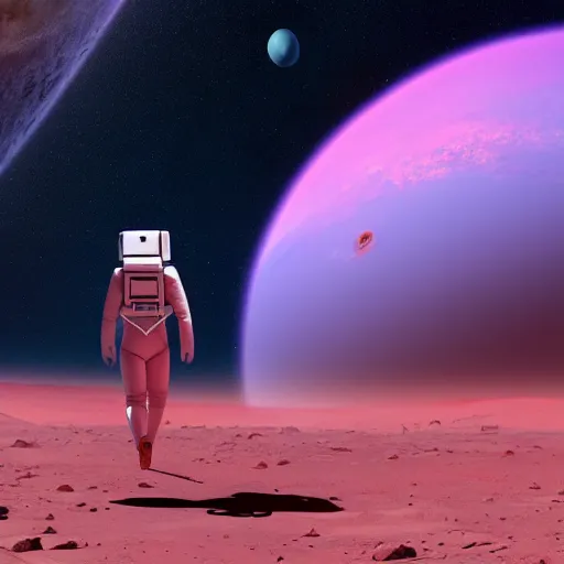 Prompt: a wide angle shot from below of a female astronaut with an athletic feminine body walking with swagger towards camera on mars in an infinite universe, synthwave digital art