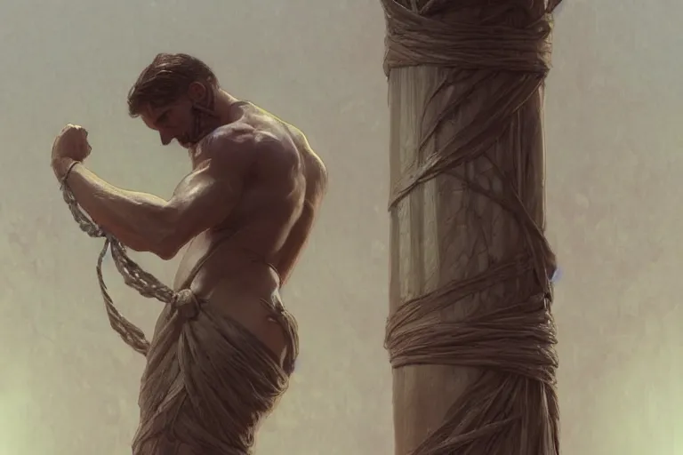 Image similar to a man tied to a column, highly detailed, digital painting, artstation, concept art, smooth, sharp focus, illustration, cinematic lighting, art by artgerm and greg rutkowski and alphonse mucha