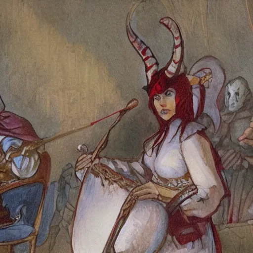 Image similar to D&D character portrait tiefling bard in a tavern playing a song but bad designed by john romita jr. painted by Edwin Austin Abbey