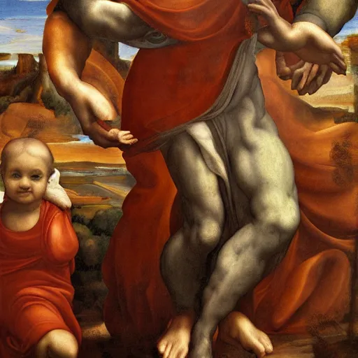 Prompt: God's disembodied hand is carrying flan behind all of us, painting by Michaelangelo, detailed, 4k