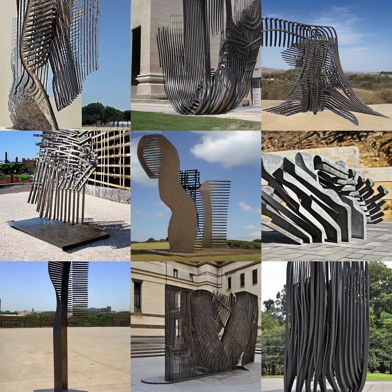 Prompt: The Comb of the Wind. Award-winning sculpture by Eduardo Chillida and Giovanni Battista Piranesi, made of steel