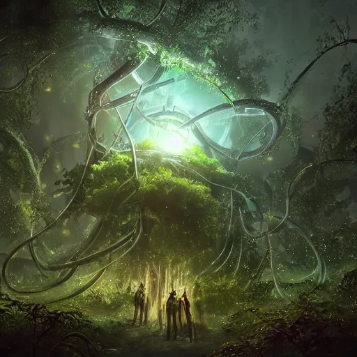 Prompt: large mechanical creature in ethereal forest with vines hanging from the trees, glowing fireflies scattered, desaturated, mystical, sharp focus, highly detailed, artgerm, cgsociety