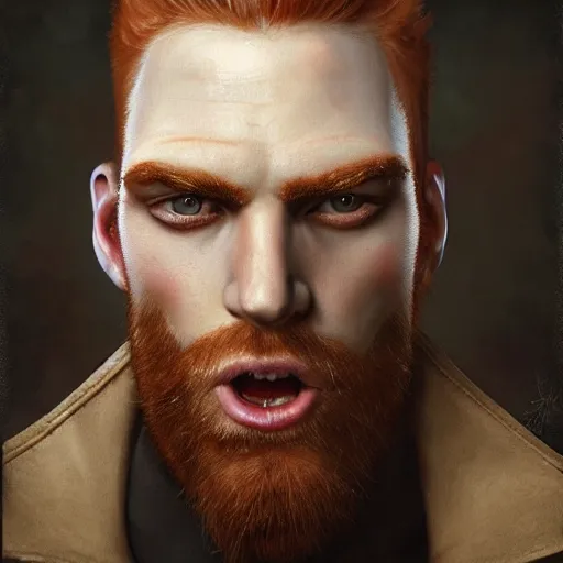 Image similar to fantastic close up portrait of a ginger pale vampire police officer with short hair and a patchy beard, highly detailed, face in focus, sharp focus, art by tom bagshaw and manuel sanjulian