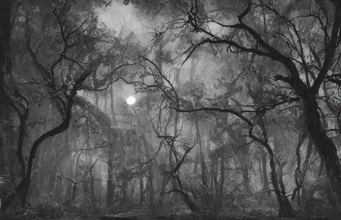 Prompt: energetic brushstrokes create optical flow intact flawless ambrotype from 4 k criterion collection remastered cinematography gory horror film, ominous lighting, evil theme wow photo realistic postprocessing cryengine stars lingering above moon visible through the trees worms eye photograph by ansel adams