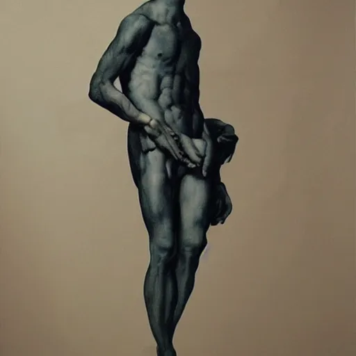 Image similar to a beautiful young male wearing alexander mcqueen, painted by michelangelo