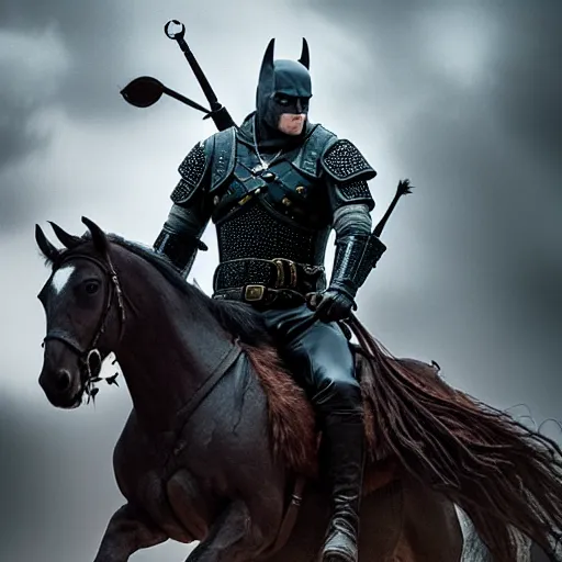 Prompt: a ( ( witcher ) ) + batman riding horse together, batman at back, witcher riding, 4 k, highly detailed face, detailed eyes, depressed, vibrant, life changing, dramatic, cinematic lighting, digital art, ultra sharp, extreme details, sinful and petty by gerald brom and zadislaw beksinksi and giger