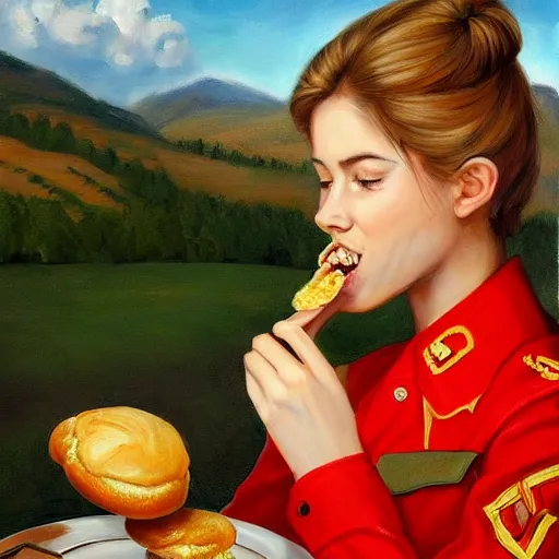 Prompt: high detail portrait oil painting illustration of beuatiful girl as soviet red army soldier eating hot baked bun, in khaki tunic, by justin sweet with face and body clearly visible, in a scenic background, pupils visible, realistic proportions, artstation trending, high quality, sombre mood, artstation trending, muted colours, entire person visible!