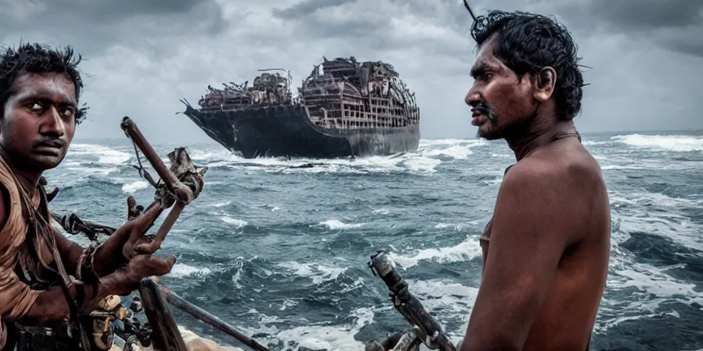 Image similar to sri lankan mad max style on a ship, ocean, film still, epic shot cinematography, rule of thirds