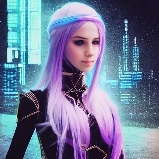 Image similar to “photo portrait the most elvish girl in the world. I can’t believe how she’s beautiful. She is in gorgeous haut couture dresses. Cyberpunk. Synthwave. 8K. In Amazing cosplay. Hyperdatailed national geographic”