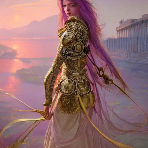 Image similar to portrait knights of Zodiac girl, metalic pink and pastel purple reflected armor, in ruined Agora of Athens sunrise, ssci-fi, fantasy, intricate, very very beautiful, elegant, golden light, highly detailed, digital painting, artstation, concept art, smooth, sharp focus, illustration, art by tian zi and WLOP and alphonse mucha