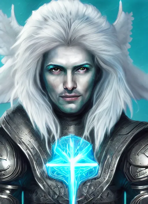 Prompt: An epic fantastic realism comic book style portrait painting of a male hexblade warlock aasimar, beautiful angel wings, teal energy surrounding body, silver hair, middle aged, Apex Legends Concept Art, unreal 5, DAZ, hyperrealistic, octane render, cosplay, RPG portrait, dynamic lighting