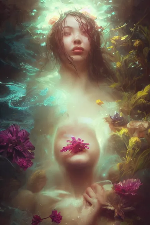 Prompt: face closeup a young beautiful girl drowned in water, underwater photography, water, 3 d render, hyper realistic detailed portrait, holding magic flowers, ruan jia, wlop. scifi, fantasy, hyper detailed, octane render, concept art, by peter mohrbacher, by wlop, by ruan jia