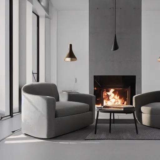 Image similar to two armchairs sitting in front of a cosy fireplace, modern home design interior, octane render, hyperrealistic, concrete archetecture, vray, volumetric lighting, cinema 4 d, unreal engine