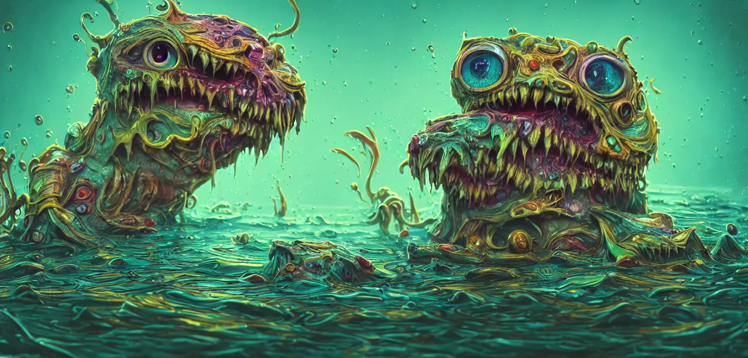 Prompt: intricate colourful murky with strange cute friendly angry crazy creatures!!! with huge beauty eyes long tongue triangle teeth and scary face appearing from the water, in the style of craola, shallow depth of field, highly detailed, digital painting, trending artstation, concept art, illustration, cinematic lighting, vibrant colors, photorealism, epic, octane render