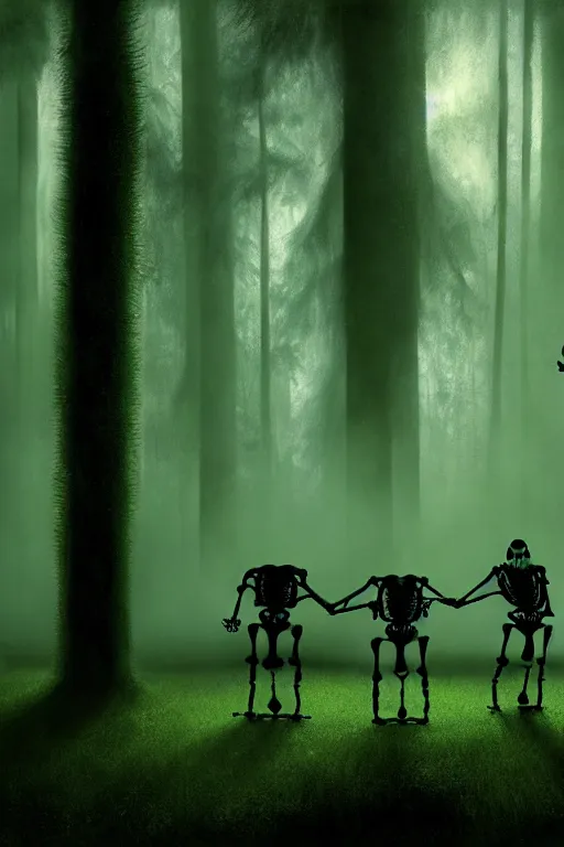 Prompt: four skeletons made of green magic luminous smoke are playing musical instruments. the background is misty forest, full of green swirling smoke, harry potter, death eaters, dementors, craig mullins, albert bierstadt, greg rutkowski, tarkovski, realistic, highly detailed, artstation, early morning, atmospheric, aestetic, moody