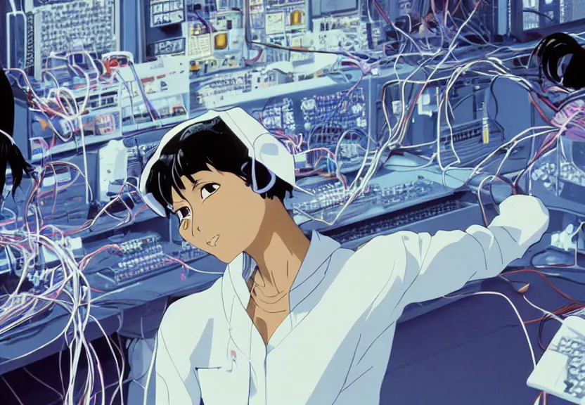 Prompt: dark skin woman wearing a white lab coat with a blue haircut, body connected to wires and surrounded by 1 9 8 0 s computers, painted by yoshitoshi abe and makoto shinkai, in the style of serial experiments lain and gainax evangelion 1 9 9 5, dynamic lighting, dark ambience, cell - shaded, detailed face, retro tech