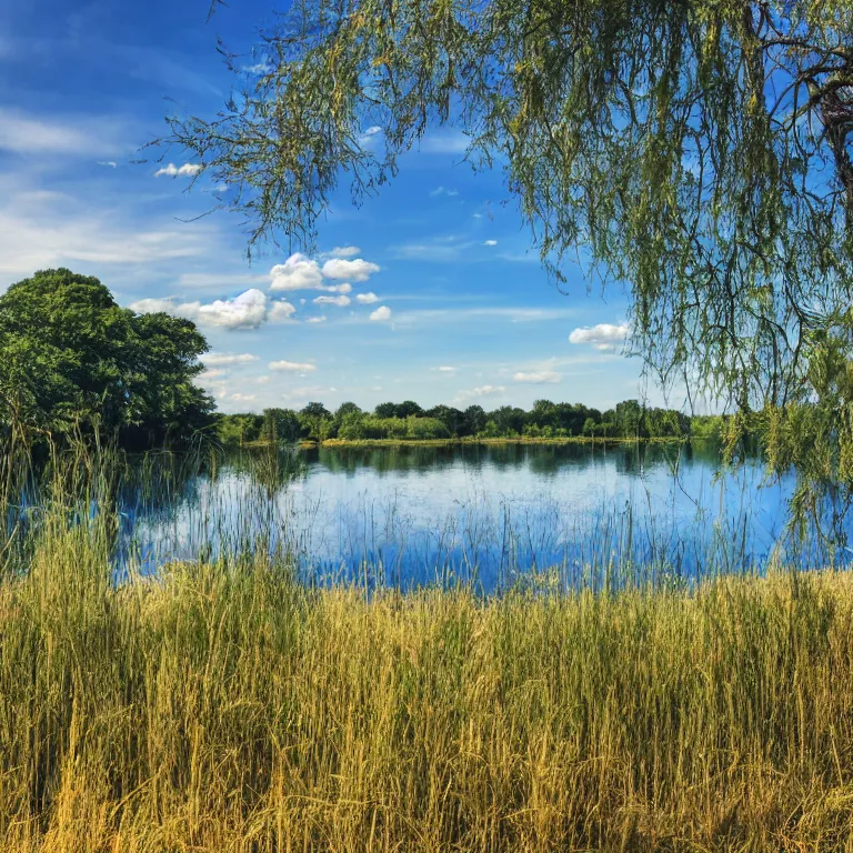 Prompt: A photo of a lake on a sunny day, blue sky with clouds, beautiful, small reeds behind lake, bushes in the foreground, varied trees in the back, summer, 4k, Kieran Stone, Mandy Lea, Sapna Reddy, muted colors, nature photography