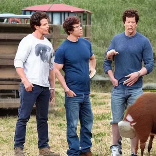 Image similar to mark wahlberg and andy samberg talking to farm animals