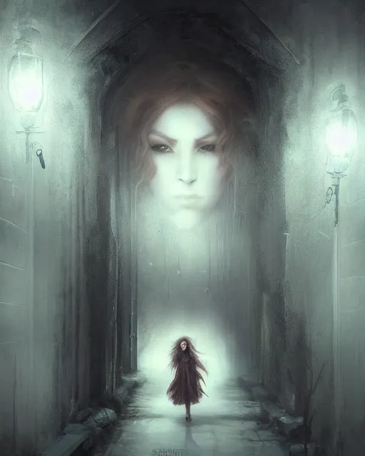 Prompt: A ultradetailed eerie beautiful matte painting of a dangerous redhaired woman walking in a dark alley at night by tom bagshaw concept art, front facing, trending on deviantart, illustration, film noire.