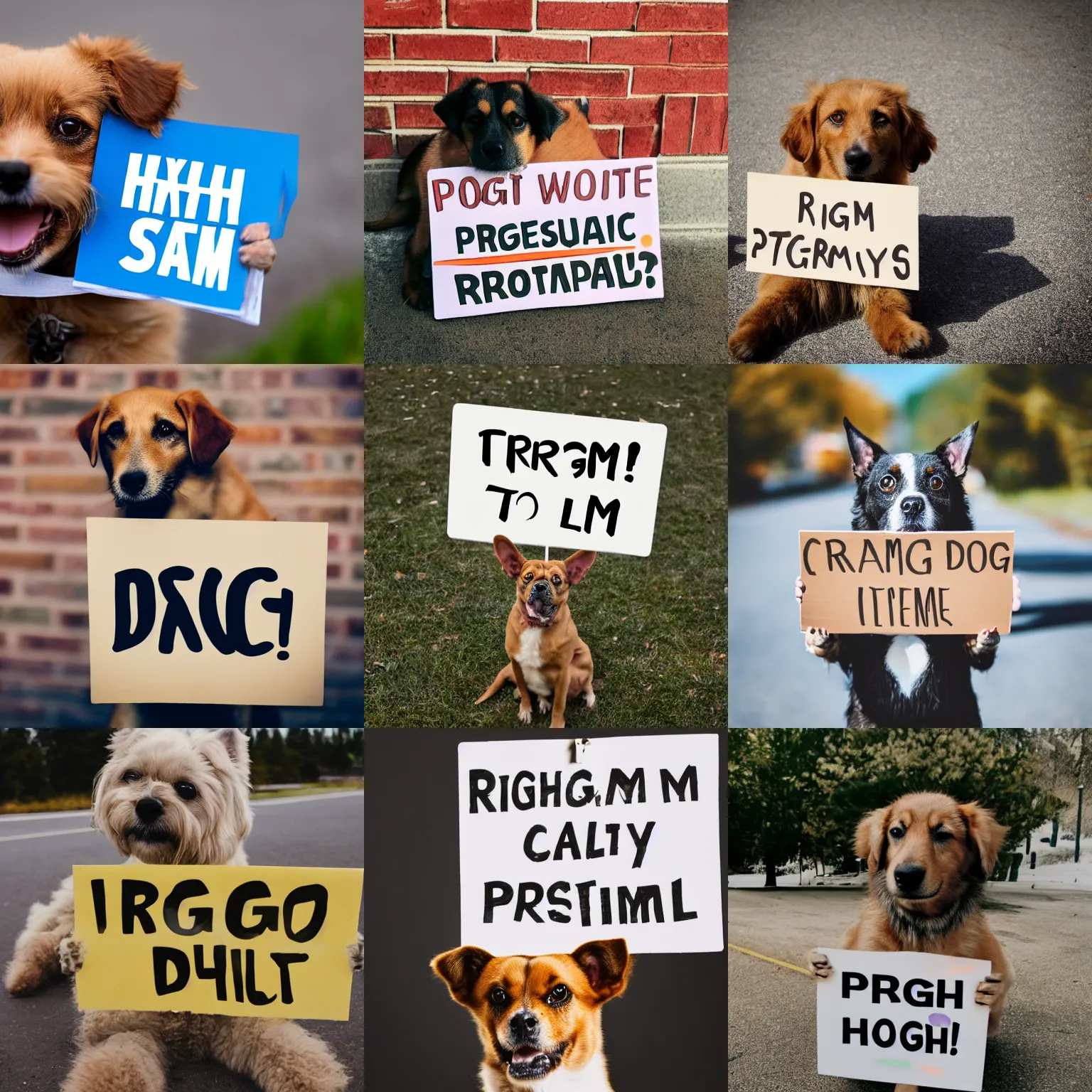 Prompt: realistic high quality photo of a cute dog holding a sign with text that reads : prompt