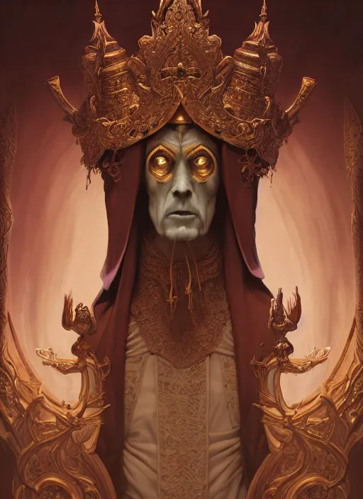 Image similar to slender high priest in a dark ornate robe, carved ivory headpiece, subsurface scattering, by jesper ejsing, justin gerard, tomasz alen kopera, cgsociety and fenghua zhong, highly detailed, rim light, cinematic lighting, illustration, art, octane render, very coherent, cinematic, high detail, octane render, 8 k