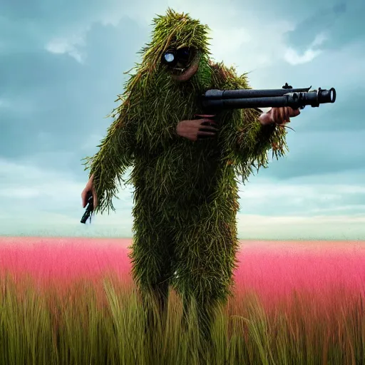 Prompt: a sniper in ghillie suit with pink flowers, walking in high grass field, digital art, trend on artstation