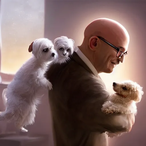 Prompt: friendly bald french man wearing glasses hugging a small white dog while eating a croissant, fantasy, high detail, elegant, digital painting, cinematic lighting, vibrant, intricate, textured skin, highly detailed, artstation, sharp, focus, hdr, unreal engine 5, breathtaking, illustration, anna dittmann, ilya kuvshinov, nikolay makovsky