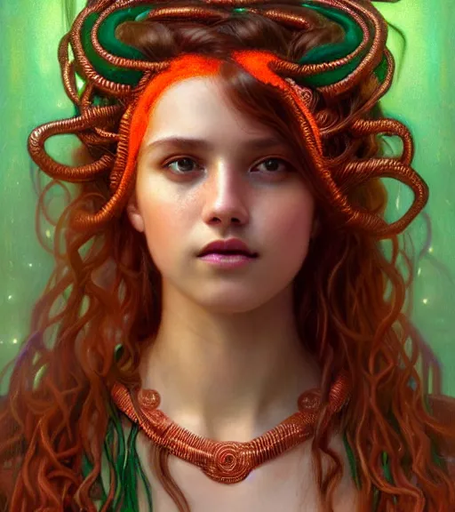 Image similar to portrait of teenage medusa, snake hair, naughty smile, wearing an embroidered orange tunic, intricate, sensual, elegant, copper and emerald jewelry, glowing lights, seductive, highly detailed, digital painting, artstation, concept art, smooth, sharp focus, illustration, art by wlop, mucha, artgerm, and greg rutkowski