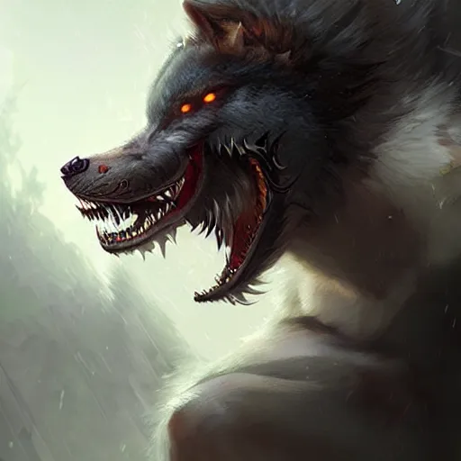 Image similar to very beautiful asian girl becoming a ferocious werewolf, large teeth, epic digital painting, art by greg rutkowski and raymond swanland, extreme detail