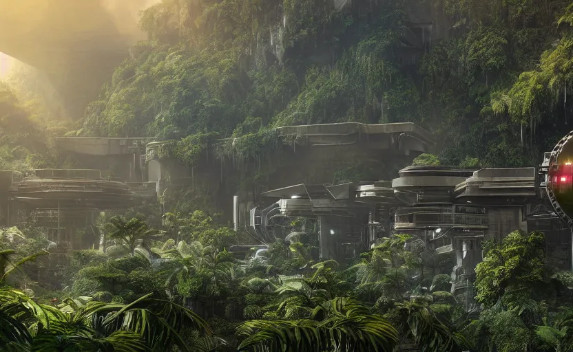 Prompt: a beautiful render of a sci - fi military industrial facility localized in a jungle cave, lush flora, patches of yellowish - red - magenta sky, sunset lighting, intricate detail, hazy, humid, volumetric lighting, god rays, 8 k, photorealistic, raytracing effects, rtx on