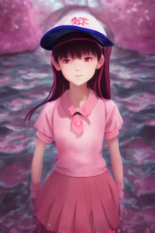Prompt: 3d infrared render portrait of beauty 3d anime lofi schoolgirl with pink sport cap and cutest anime face underwater subway twilight. dramatic light, trending on artstation, art by hiro kiyohara and hayao miyazaki oil painting