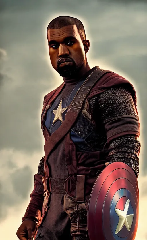 Image similar to Portrait of Kanye West as (((Captain America))) in Skyrim, splash art, movie still, cinematic lighting, dramatic, octane render, long lens, shallow depth of field, bokeh, anamorphic lens flare, 8k, hyper detailed, 35mm film grain