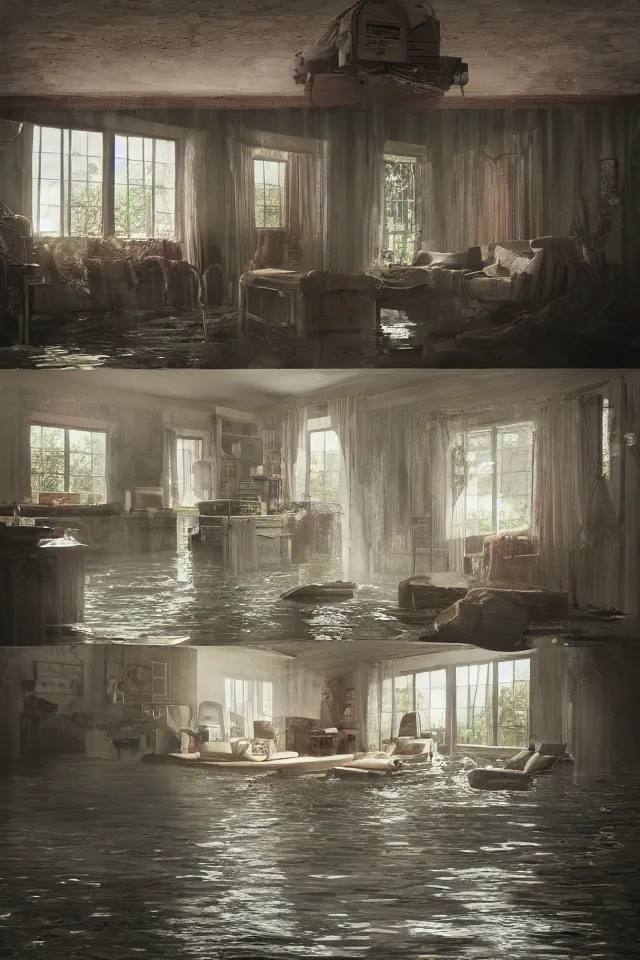 Image similar to flooded house interior, hyperdetailed, octane , hyper realistic , detailed , interior , hyperfocal 8k , in the style of Gregory Crewdson