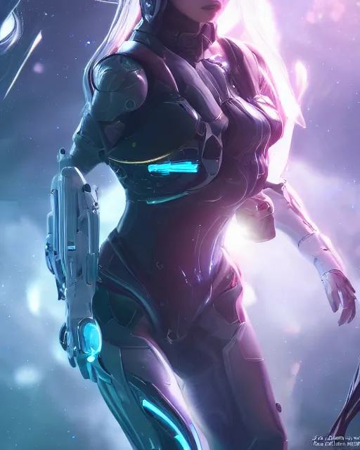 Image similar to perfect android girl on a mothership, warframe armor, beautiful face, scifi, futuristic, galaxy, nebula, raytracing, dreamy, long white hair, blue cyborg eyes, sharp focus, cinematic lighting, highly detailed, artstation, divine, by gauthier leblanc, kazuya takahashi, huifeng huang