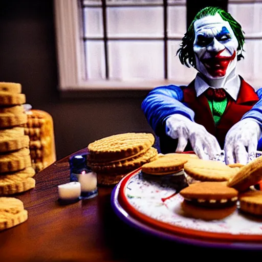 Image similar to cinematic shot of the joker sitting at a table in front of a plate of baking powder biscuits, 8 k, very detailed, very intricate,