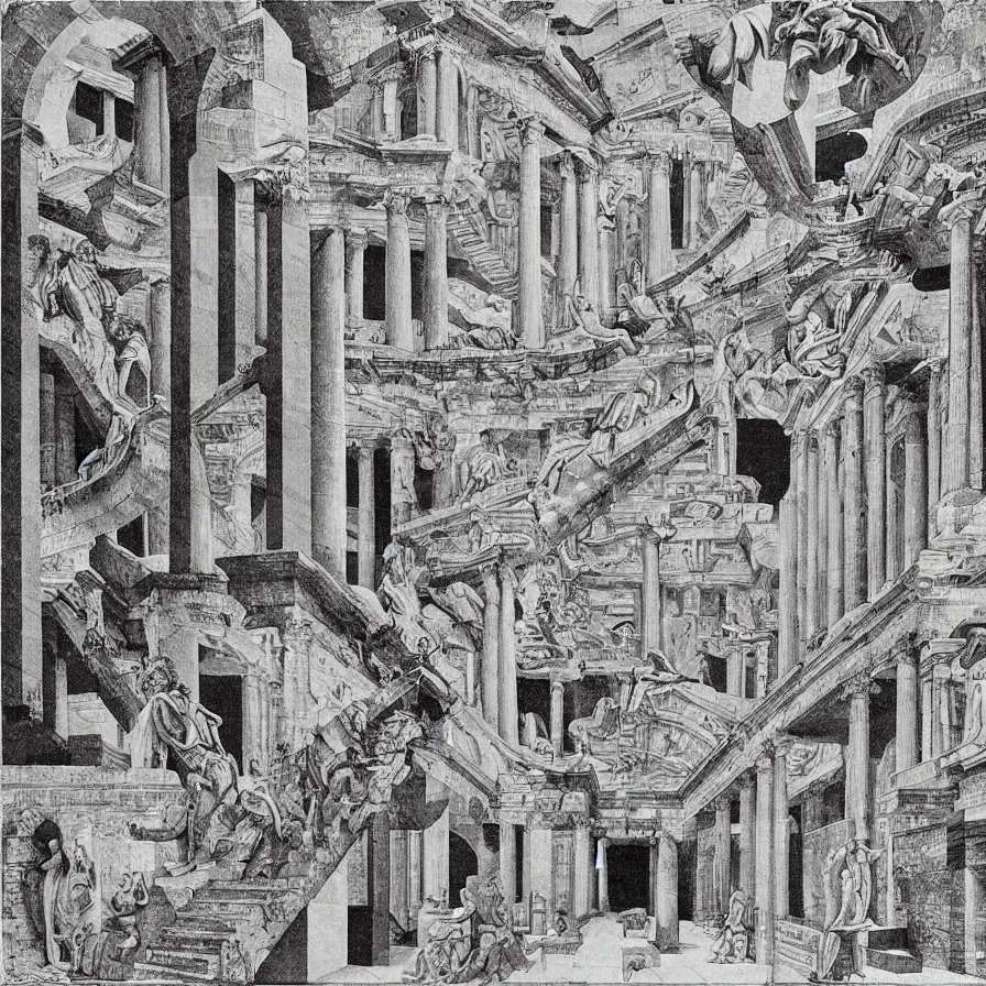 Prompt: trompe - l'oeil monochrome patterns about ancient rome by m. c. escher