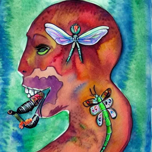 Image similar to water color illustration of a dragonfly with a human head. flower in it's mouth. collaborative piece by the worlds best artists. trending on everything, all the details.