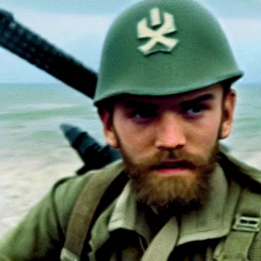 Prompt: A closeup of Pewdiepie storming the beaches of Normandy, 1945, Colourized