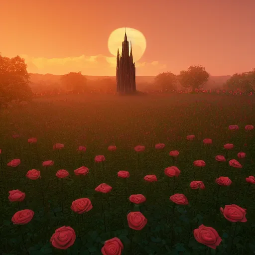 Image similar to a dark tower in the center of a field of roses. golden hour. photorealism. octane render. 4 k artstation trends