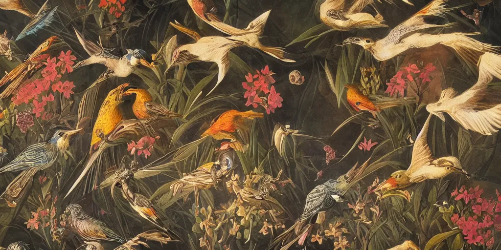 Image similar to breathtaking detailed concept art painting art deco pattern of birds amalmation blend of flowers and birds, by john james audubon, bizarre compositions, exquisite detail, extremely moody lighting, 8 k